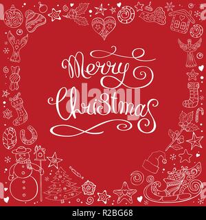 Heart made of different christmas decorative elements. Pretty card. Calligraphy phrase Merry Christmas. Traditional festive symbols. Isolated on red. Stock Vector