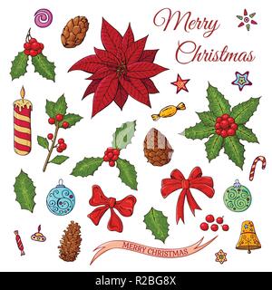 Christmas set with festive elements. Holly plant with red berry and green leaves and Mistletoe, fir branches, glass balls, bells, bows. Isolated. Stock Vector