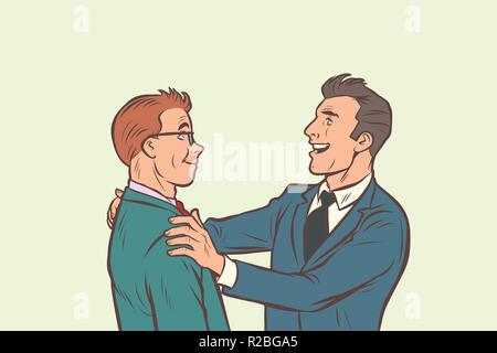 Businessmen friendly meeting. Comic cartoon pop art retro vector illustration drawing Stock Vector