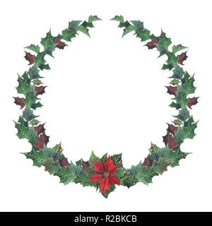 Watercolor Christmas floral wreath with poinsettia. Hand painted snowberry and fir branches, red berries with leaves, pine cone isolated on white back Stock Photo