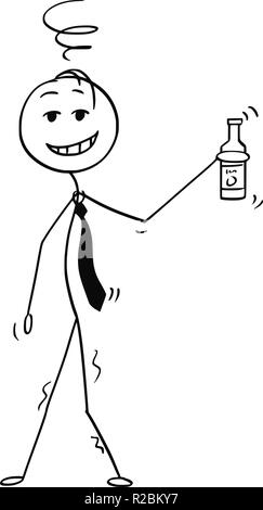 Cartoon of Drunk Cheerful Man or Businessman Holding Bottle Stock Vector