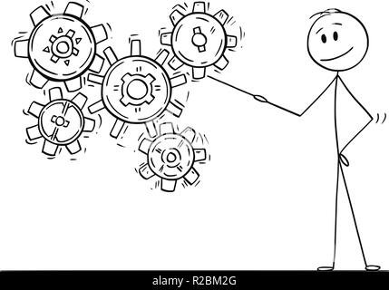 Cartoon of Man or Businessman Pointing at Working Cogwheels or Cog or Gear Wheels Stock Vector