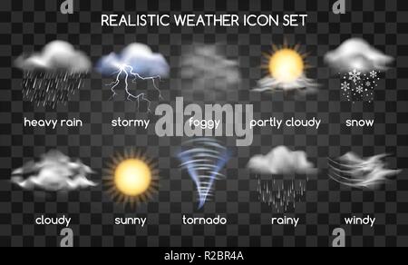 Realistic weather icons on transparent Stock Vector