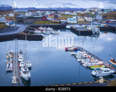 Port of Stykkisholmur town (Iceland) in early morning, aerial view
