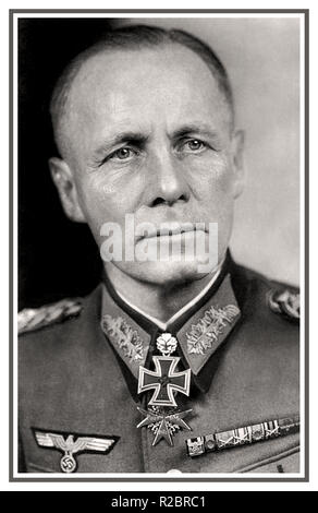 ROMMEL Formal Portrait of Erwin Rommel 1940's  German General Field Marshall and military theorist. Popularly known as the Desert Fox, he served as field marshal in the Wehrmacht of Nazi Germany during World War II. Rommel was a highly decorated officer in World War I and was awarded the Pour le Mérite for his actions on the Italian Front. Subsequent Knight's Cross of the Iron Cross with Oak Leaves medal in WW2  An old school Army Field Marshall who could see the huge irrational shortcomings in Adolf Hitler and supported his (unsuccessful)  assassination, which in short sealed Rommel’s fate. Stock Photo