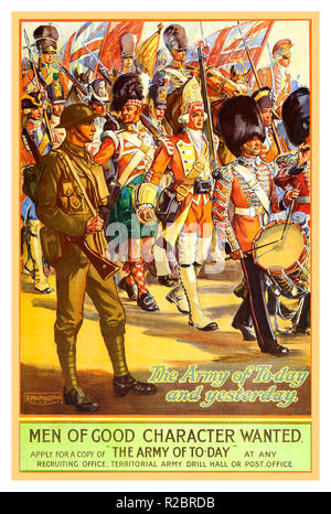 Vintage WW1 propaganda poster 1913 British Army Recruitment Poster illustrating Great Britain Armies in uniform marching back through history.. The Army of Today and Yesterday.. 'men of good character wanted'     'The Army of Today' Stock Photo