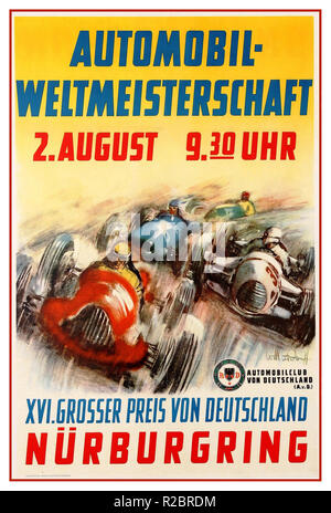 Vintage 1953 F1 motor sport poster advertising the Automobil XVI. Grosser Preis Von Deutschland Nürburgring / Automobile World Cup XVI Grand Prix of Germany held at the Nurburgring race track on 2 August 1953. Design featuring cars racing around a corner at speed with the text above against the yellow background and below with the Automobilclub von Deutschland AvD German Automobile Club logo. The Automobile World Cup is the original name for  Formula One Stock Photo