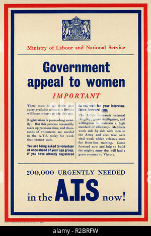 ATS Poster 1939-45 WW2. Urgent Appeal Poster Government direct appeal to women. World War II Important.. 200000 Urgently Needed in the A.T.S now ! The Auxiliary Territorial Service was the women's branch of the British Army during World War II The Auxiliary Territorial Service ATS was the women's branch of the British Army during the Second World War. It was formed on 9 September 1938, initially as a women's voluntary service, and existed until 1 February 1949, when it was merged into the Women's Royal Army Corps. Stock Photo