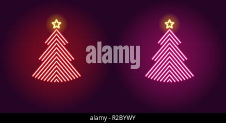 Neon Christmas tree, glowing sign. Vector illustration of Christmas tree with golden star in outline neon style, red and pink colors. Decorative glowi Stock Vector