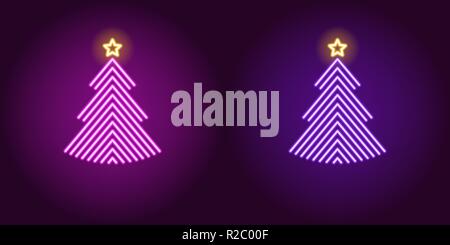 Neon Christmas tree, glowing sign. Vector illustration of Christmas tree with golden star in neon style, purple and violet colors. Decorative glowing  Stock Vector