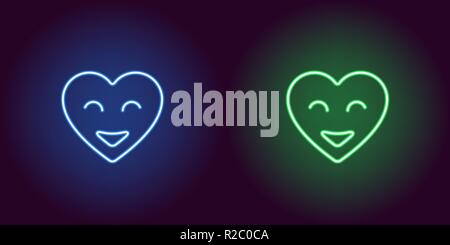 Neon emoji heart, glowing sign. Vector illustration of heart with smile in neon style, blue and green colors. Glowing funny icon and cute symbol for V Stock Vector