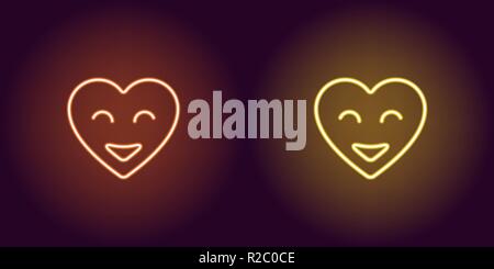 Neon emoji heart, glowing sign. Vector illustration of heart with smile in neon style, orange and yellow colors. Glowing funny icon and cute symbol fo Stock Vector