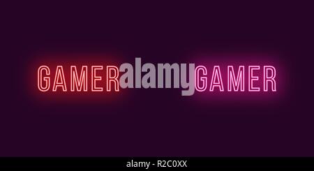 Inscription of Gamer in neon style. Vector illustration, glowing Text of Gamer in red and pink color. Isolated graphic element, icon and symbol on the Stock Vector