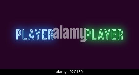 Inscription of Player in neon style. Vector illustration, glowing Text of Player in blue and green color. Isolated graphic element, icon and symbol on Stock Vector
