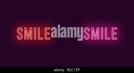 Inscription of Smile in neon style. Vector illustration, glowing Text of Smile in red and pink color. Isolated graphic element, icon and symbol on the Stock Vector