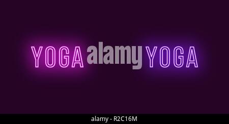 Inscription of Yoga in neon style. Vector illustration, glowing Text of Yoga in purple and violet color. Isolated graphic element, icon and symbol on  Stock Vector