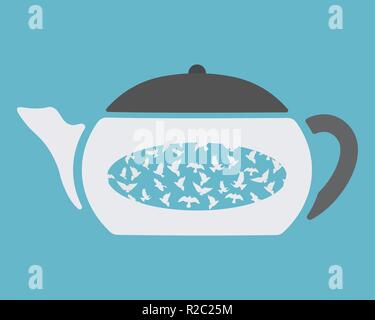 Teapot with birds inside. Vector illustration. Light blue background. Stock Vector