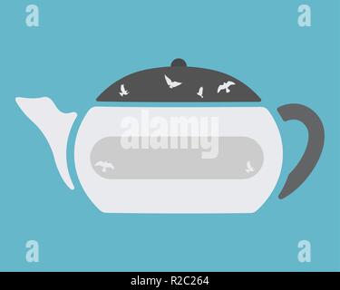 Teapot decorated birds. Vector illustration. Light blue background. Stock Vector