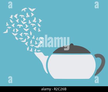 Teapot with birds flying out. Vector illustration. Light blue background. Stock Vector