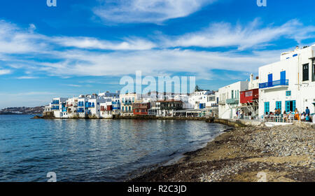 Island of Mykonos, Greece. Picturesque scene from the area called the 'Little Venice' due to its resemblance to Venice. Stock Photo