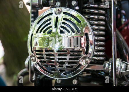 Prague, Czech Republic, May 26, 2018, chromed retro horn on jawa motorcycle Stock Photo