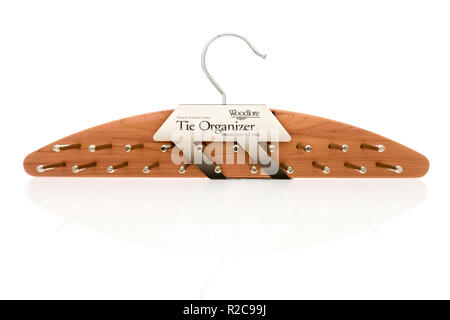 Winneconne, WI - 30 October 2018: A Woodlore tie organizer that organizes 42 ties on an isolated background. Stock Photo