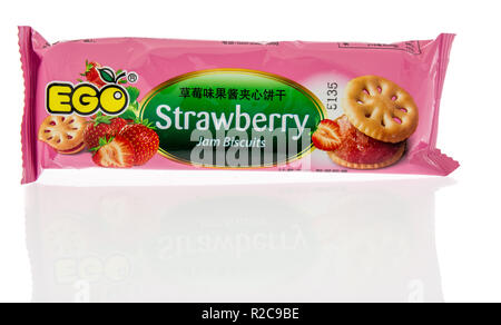 Winneconne, WI - 8 November 2018: A package of Ego Strawberry jam biscuites from Malaysia on an isolated background. Stock Photo