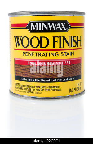 Winneconne, WI - 11 November 2018: A can of Minwax wood finish stain on an isolated background. Stock Photo