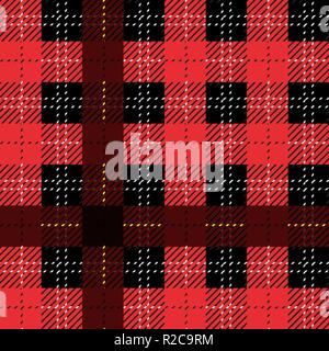 Plaid check pattern in red, black and white. Seamless fabric texture. Stock Vector