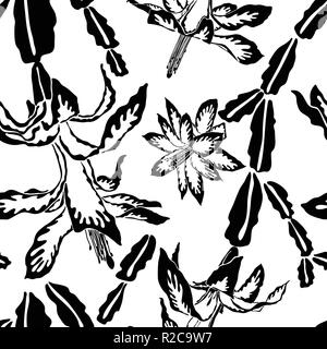 Jumbo large scale blooming Christmas cactus black and white seamless pattern Stock Vector