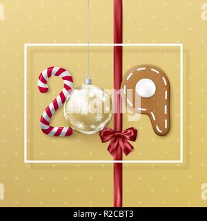 New Year 2019 banner with white frame. Creative festive lettering. Candy and Christmas ball ribbon with bow and gingerbread cookie. Vector illustratio Stock Vector