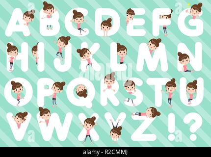 A set of women in sportswear designed with alphabet.Characters with fun expressions pose various poses.It's vector art so it's easy to edit. Stock Vector