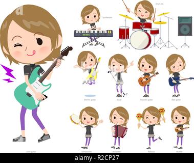 A set of women in sportswear playing rock 'n' roll and pop music.There are also various instruments such as ukulele and tambourine.It's vector art so  Stock Vector