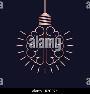 Bright ideas simple concept design, luxury copper color human brain as light bulb lamp in clean modern line art style. Stock Vector