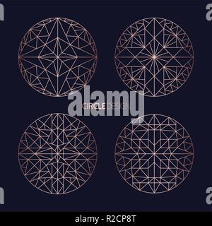 Set of modern mandalas with sacred geometry elements and shapes, concept symbols for abstract minimalistic designs in copper color. Stock Vector