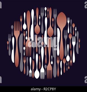 Copper cutlery illustration card with restaurant utensil icons, fork, knife and spoon. Stock Vector