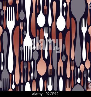 Copper cutlery seamless pattern with restaurant utensil icons, fork, knife and spoon. Stock Vector