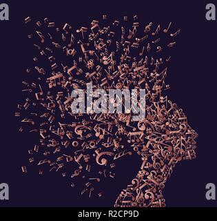 Music notes splash from woman's head illustration in luxury copper color. Stock Vector
