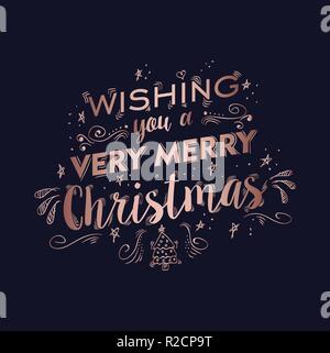 Merry christmas luxury copper quote design with stars and sparkles. Xmas calligraphy text for poster or holiday greeting card. Stock Vector