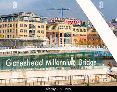 St Ann's Wharf and pedestrian Gateshead Millennium Bridge, Newcastle Upon Tyne, England, UK