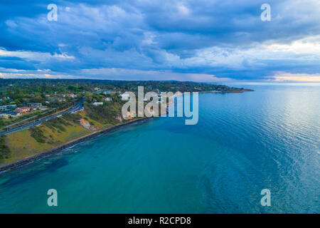 Aerial view of Oliver's Hill luxury real estate area on Mornington Peninsula at sunset Stock Photo