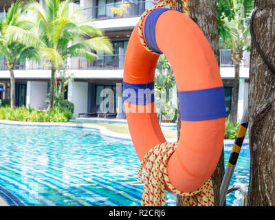 Orange lifebuoy with the rope hanging on the tree near the swimming pool and building. Stock Photo