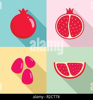 Pomegranate juice seeds garnet icons set. Flat illustration of 4 pomegranate juice seeds garnet vector icons for web Stock Vector