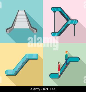 Escalator elevator icons set. Flat illustration of 4 tuk rickshaw Thailand vector icons for web Stock Vector