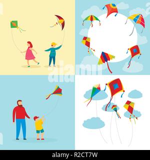 Kite flying festival surf banner concept set. Flat illustration of 4 kite flying festival surf vector banner concepts for web Stock Vector