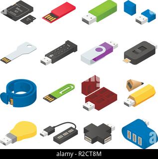 USB flash drive icons set. Isometric illustration of 16 USB flash drive vector icons for web Stock Vector