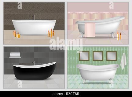 Bathtub shower interior mockup set. Realistic illustration of 4 bathtub shower interior mockups for web Stock Vector