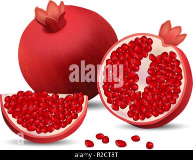 Pomegranate juice seeds garnet icons set. Realidtic illustration of 4 pomegranate juice seeds garnet vector icons for web Stock Vector