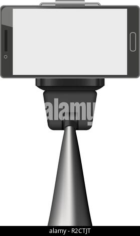 Smartphone on selfie stick mockup. Realistic illustration of smartphone on selfie stick vector mockup for web design isolated on white background Stock Vector