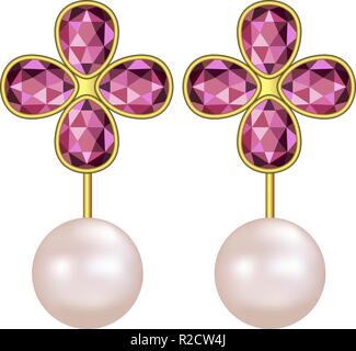 Pearl ruby earrings mockup. Realistic illustration of pearl ruby earrings vector mockup for web design isolated on white background Stock Vector